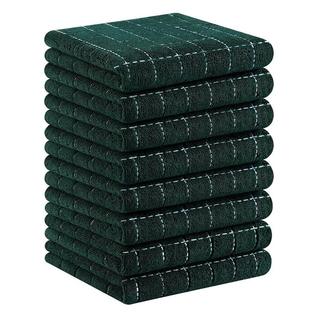Homaxy 100% Cotton Terry Kitchen Towels(Blackish Green, 13 x 28 inches), Checkered Designed, Soft and Super Absorbent Dish Towels, 8 Pack