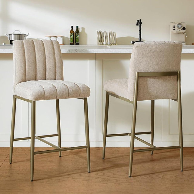 GrandNoor Comfortable Bar Stools Set of 2, 26” Thick Upholstered Counter Height Bar Stools with Back, Linen Counter Stools with Metal Legs for Kitchen Island, Khaki