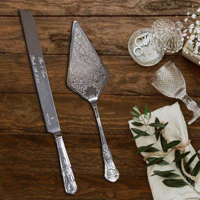 Personalized Cake Knife and Server Set | Elegant Wedding Cake Cutting Set | Silver Engagement Gift for Couples