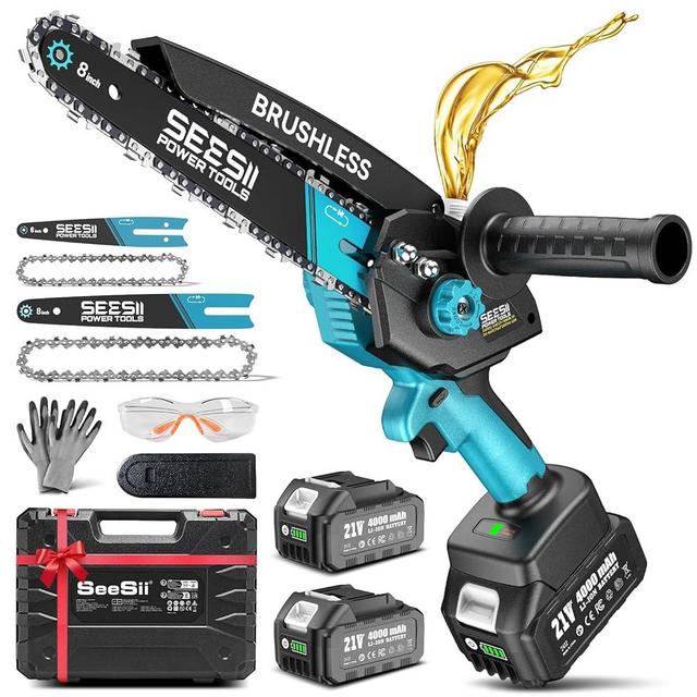 Mini Chainsaw Cordless Battery Powered: 8 inch & 6 inch Electric Chain Saw with 2 Pack 4000mA Batteries, Handheld Saw for Trees Branches Trimming Wood Cutting, Gardening Tools for Dad Husband Men