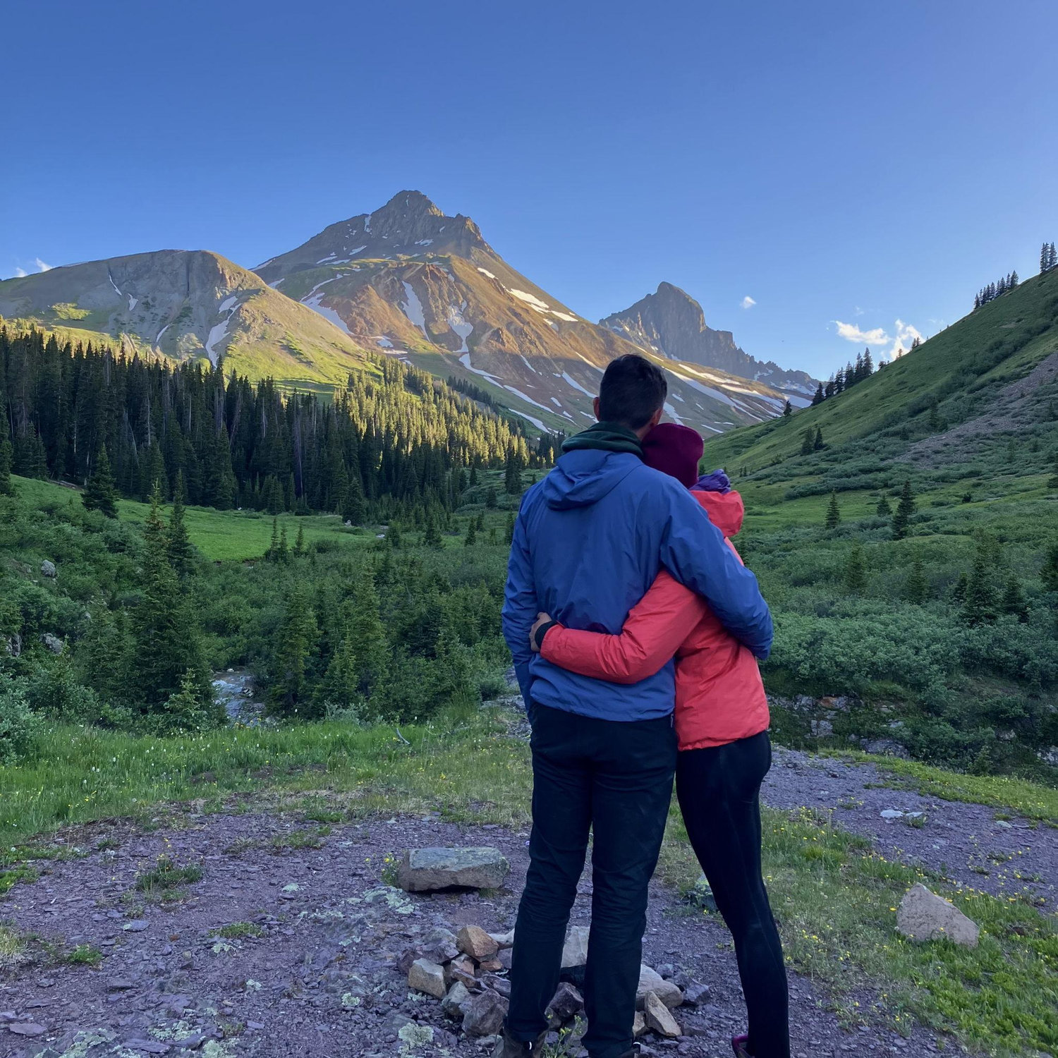 Enjoying the view of Uncompahgre Peak in Southern CO on the first night of our 2025 backpacking trip