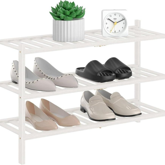 RONGJlA 2 Tier Bamboo Shoe Rack for Closet Free Standing Wood Shoe Shelf Storage Organizer for Entryway Small Space Stackable,White