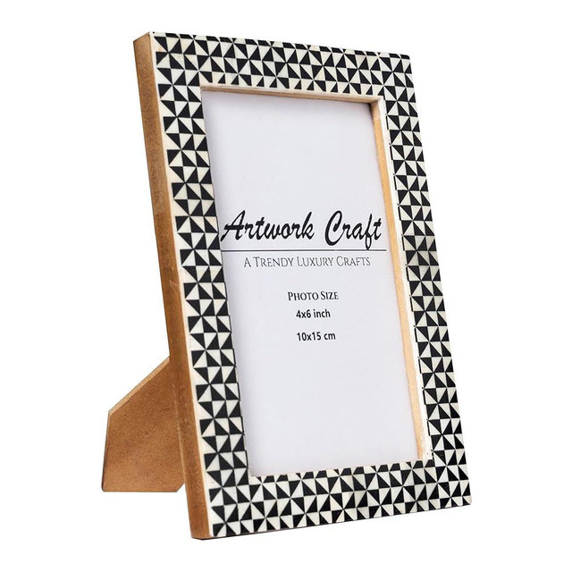 Artwork Craft Handmade Decorative White Bone Photo Frame Geometric Black Painting Vintage Boho Picture Frames For Table-Top/Wall Decor (4x6 Inches, Black Geometric)