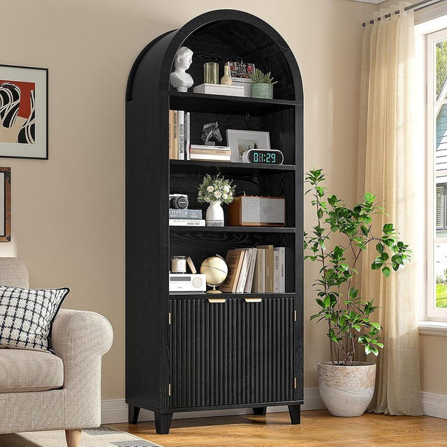 DurayLoly 79.9" Tall Arched Cabinet,6-Tier Arched Bookcase with Fluted Doors and Adjustable Shelves,Wooden Storage Cabinet with Open Display Shelf for Office,Living Room, Kitchen, Black