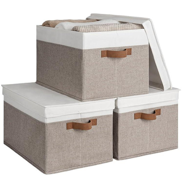 StorageWorks Storage Bins with Lids, Decorative Storage Boxes with Lid and PU Handles, Foldable Storage Baskets for Closet, Shelves, Stackable, Brown and White, Jumbo, 3-Pack