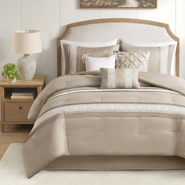 Madison Park King Comforter Set, Farmhouse King Comforter, Lace & Pintuck Design, Down Alternative, All Season Bedding Set, Bed Skirt, Shams & Decor Pillows, Lacey, King, Taupe 7 Piece