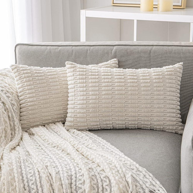 ANRODUO Pack of 2 Corduroy Decorative Throw Pillow Covers 12x20 Inch for Couch Bed Living Room, Soft Striped Square Cushion Case, Neutral Throw Pillows, Rustic Farmhouse Boho Home Decor, Cream White