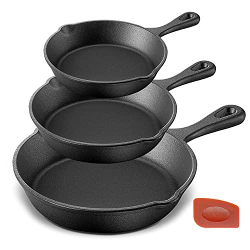 NutriChef Pre-Seasoned Cast Iron Skillet 3 Pieces Kitchen Frying Pan Nonstick Cookware Set w/Drip Spout - Silicone Handles, Scraper - Electric Stovetop, Induction, Gas Range, Ceramic, NCCI76