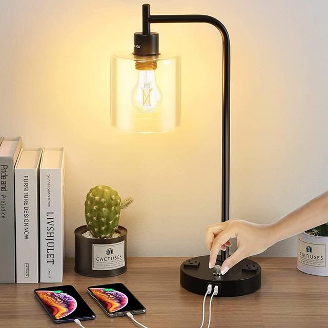 Table Lamp, Fully Stepless Dimmable Desk Lamp with 2 USB Charging Ports and AC Power Outlet, Modern Bedside Lamp with Glass Shade for Bedroom, Living Room, Office (Bulb Included)