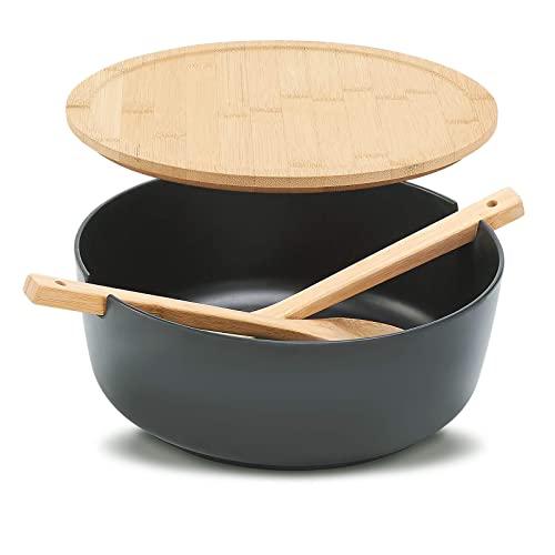 Salad Serving Bowls Set, Bamboo Fiber Salad Bowl with Lid and Servers, Large 10.8inch Bowl with Spoon for Vegetables,Fruits and Decoration (Black)