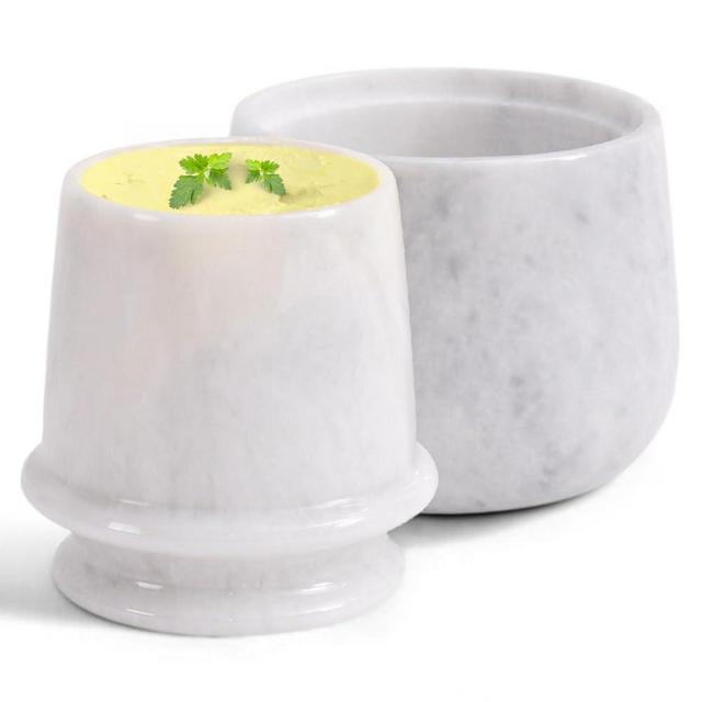 Earthen Crafts Marble Butter Keeper 4 Inches White Butter Dish with Lid Handmade French Butter Crock for Kitchen Counter, Spreadable Butter Holder for Countertop Storage