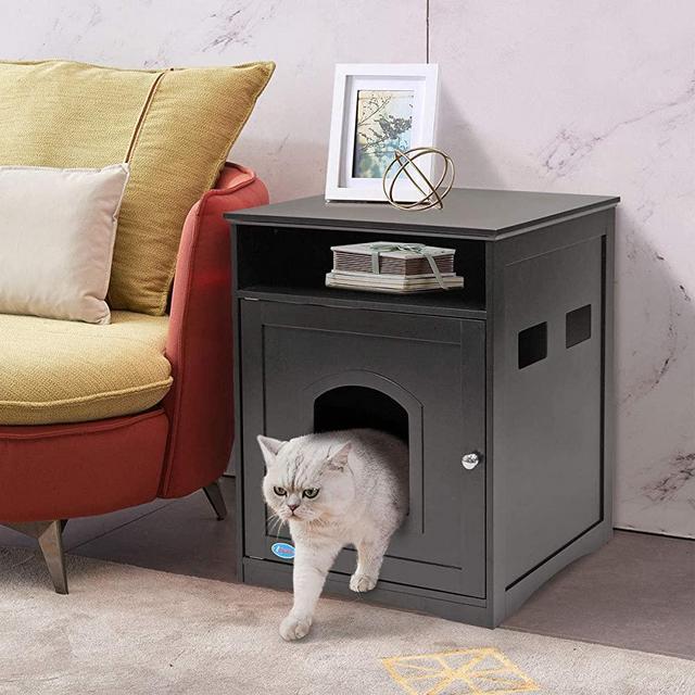 COZIWOW Enclosed Litter Box Enclosure Furniture Hidden Cabinet,Cat Washroom Bench,Litter House Litterbox Cover,Dog Proof Cat Feeding Station Nightstand Table for Large Cat Kitten Kitty