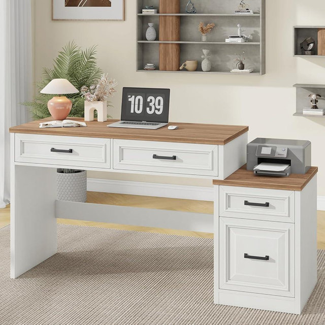 Vabches 61" Farmhouse Computer Desk with Storage and File Drawer, Executive Desks with Printer Stand, Rustic Large Home Writing Desk for Home Office.