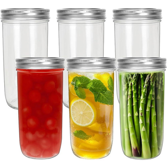 CycleMore 24oz 6 Pack Mason Glass Jars with AirTight Lids and Bands, Wide Mouth Canning Jars for Jelly, Jam, Honey, Wedding Favors, Spices and Herbs