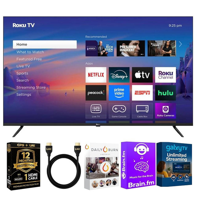 Roku 55-Inch Select Series 4K UHD Smart TV - HDR, Dolby Audio, Compatible with Alexa, Voice Remote, Bluetooth Mode, w/AUX HDMI Cable, CPS 1-Year Protection Plan + Streaming kit