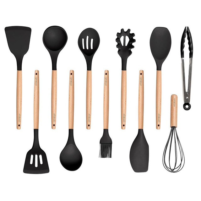 ZEDEAH 11-Piece Silicone Kitchen Utensil Set with Spatulas, Tongs, Whisk, Turner & Ladle – Heat Resistant, Non-Scratch Cooking Tools with Wooden Handles, Dishwasher Safe, BPA-Free (Black)