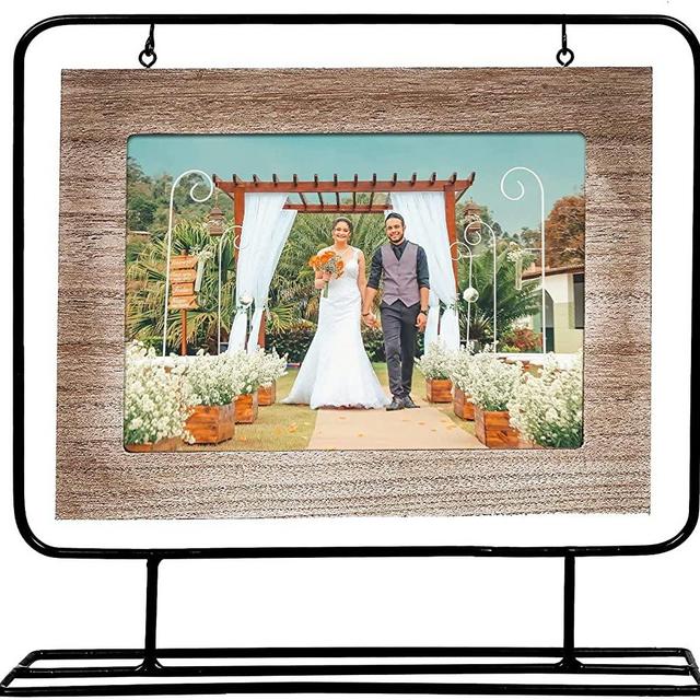 Space Art Deco, Black Iron Wire Stand Picture Frame Floating Photo Display for Desk - Landscape - Hanging Frame - Flexible Metal Tabs - Light Frame Border (7x5, Set of 1)