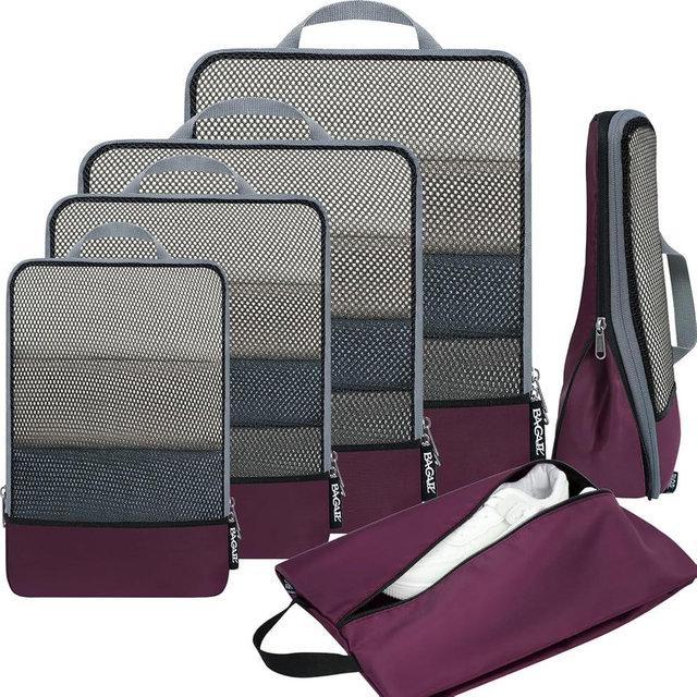 BAGAIL 4 Set/6 Set/8 Set Compression Packing Cubes Travel Accessories Expandable Packing Organizers(Burgundy HalfMesh 6 Set)