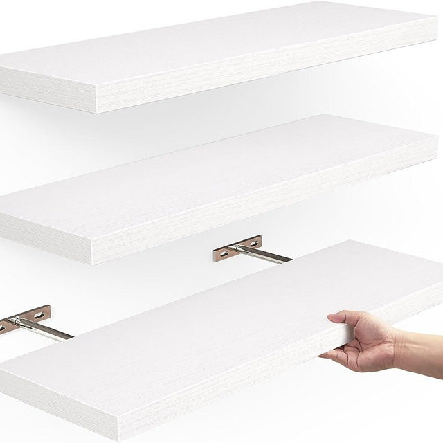 BAYKA Floating Shelves, Wall Mounted Rustic Wood Shelves for Bathroom, Bedroom, Living Room, Kitchen, Small Hanging Shelf for Books/Storage/Room Decor with 22lbs Capacity (Whitewash, Set of 3, 16in)
