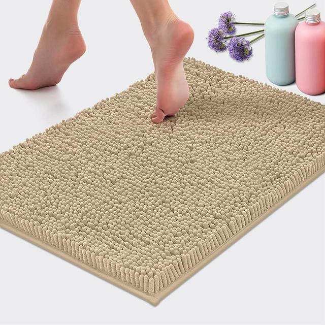 LuxUrux Birch Bathroom Rug - Luxury Bath Mat, Extra-Soft Plush, 1'' Chenille Microfiber, Super Absorbent Shaggy Bath Rug, 24'' x 17'', Birch.
