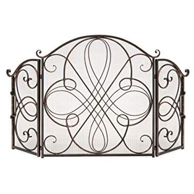 Best Choice Products 3-Panel 55x33in Solid Wrought Iron See-Through Metal Fireplace Screen, Spark Guard Safety Protector w/Decorative Scroll, Antique Copper Finish