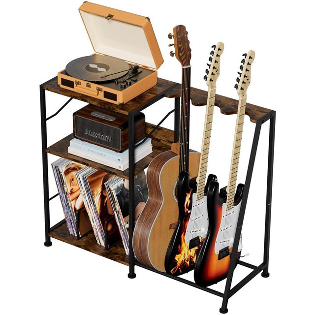 Hosfais Record Player Stand, 3 Tier Guitar Stand for Acoustic, Electric Guitar, Bass Stand, Vinyl Record Storage Up to 200 Albums, Brown Records Shelf for Living Room Bedroom (Rustic Brown)