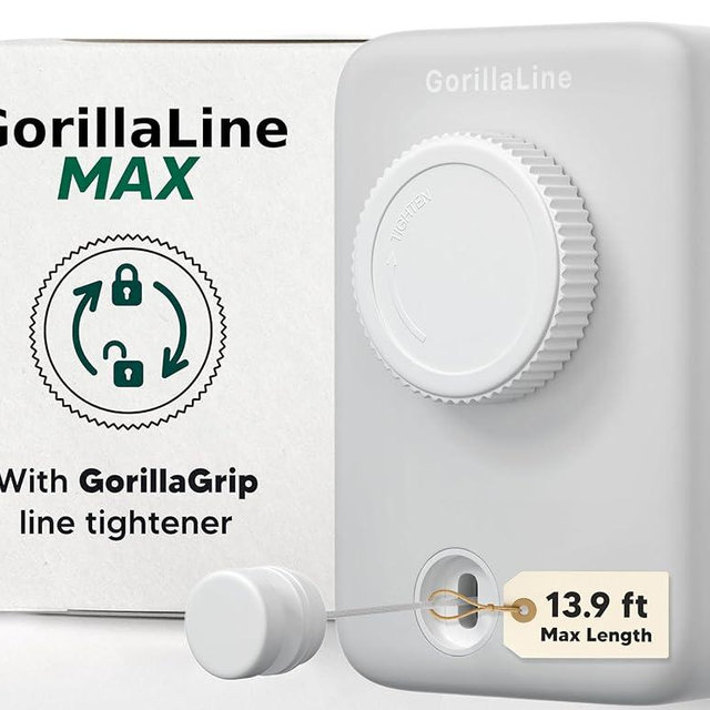 GorillaLine Max - Retractable Clothesline Indoor Outdoor Clothes Line - Heavy Duty Clothes Drying Laundry Line - Wall Mounted Drying Rack - Air Dry Clothing - Max Tighten with GorillaGrip