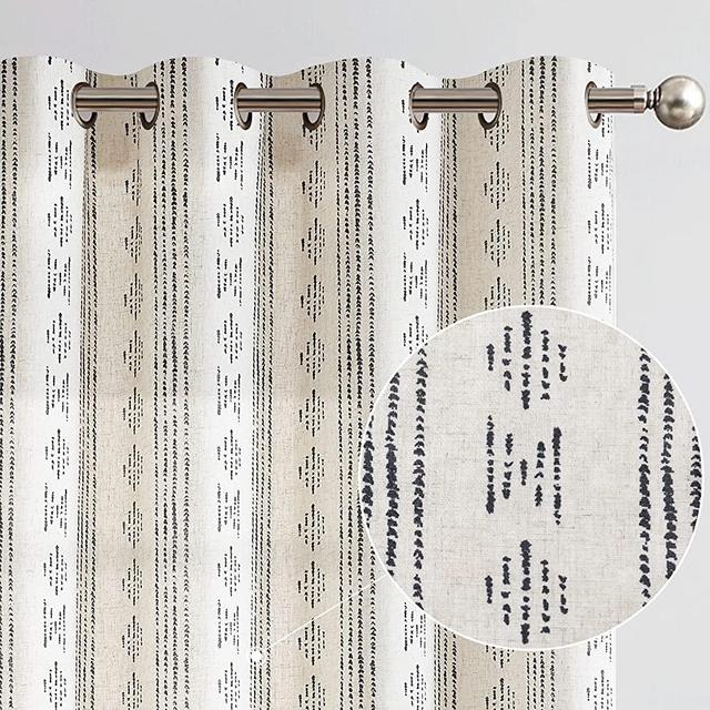 jinchan Boho Curtains Linen Curtains for Living Room Farmhouse Curtains 84 Inch Length Geometric Striped Mudcloth Grommet Country Curtains 2 Panels Black on Beige