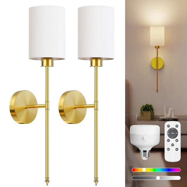 NIORSUN 24 inch Battery Operated Wall Sconce Set of 2, Gold Wireless Rechargeable Wall Lights with 5200mAh Dimmable Detachable Bulbs and Remote, 9 Colors Sconces Wall Decor for Bedroom Living Room