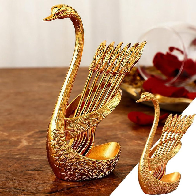 Creative Swan Design Coffee Stirring Spoon Set, Decorative Gold Swan Base Holder with 6 PCS Coffee Spoon Set, Realistic Design Home Decor, for Fruits, Desserts (Gold)