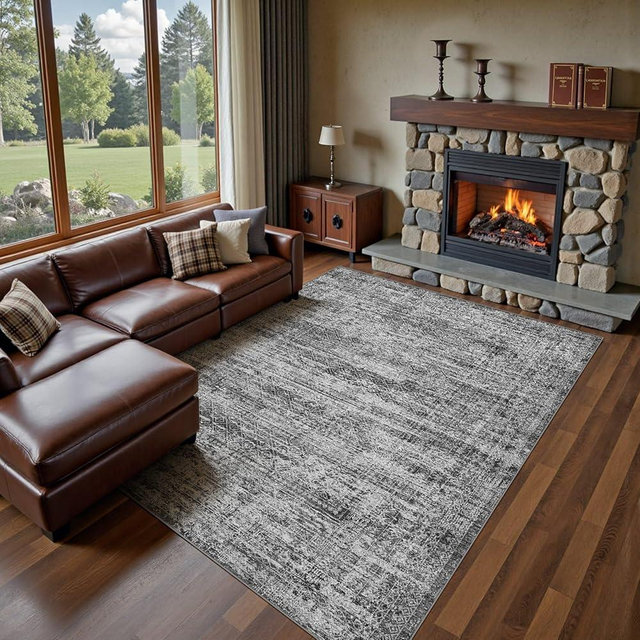 UERMEI 9x12 Area Rug Living Room Rugs - Washable Neutral Modern Abstract Soft Thin Rug Indoor Floor No Slip Rug Carpet for Bedroom Under Dining Table Home Office Decor - Dark Gray