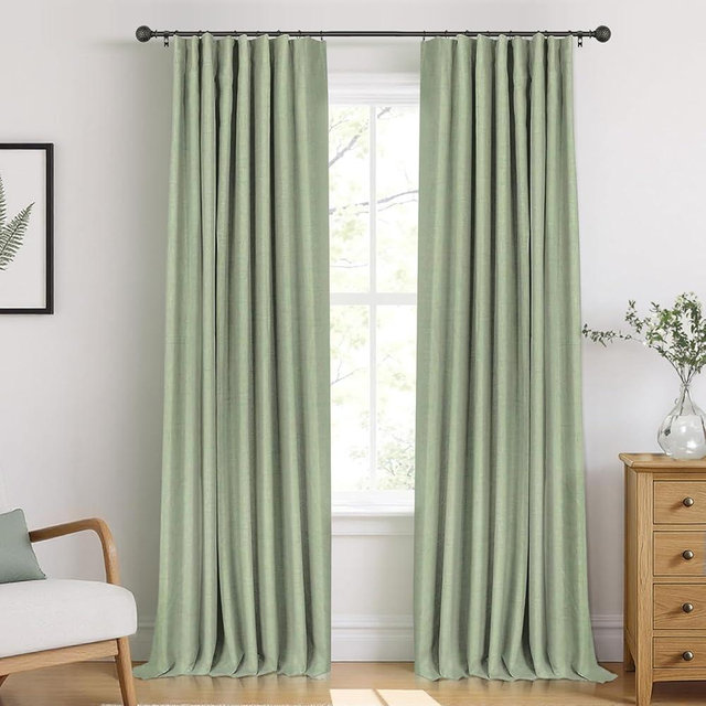 INOVADAY 100% Blackout Curtains for Bedroom, Black Out Curtains 108 Inch Long, Clip Rings Linen Blackout Drapes, Thermal Insulated Room Darkening for Living Room, 2 Panels - Sage,W50xL108