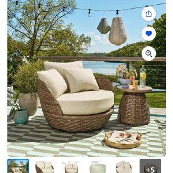 Beautiful Wicker Outdoor Swivel Chair with Bouclé Cushions & Cover by Drew Barrymore, Brown/Porcini