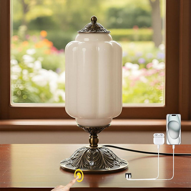 YESIDS Vintage Touch Bedside Table Lamp, Elegant Milk White Glass Desk Lamp 3 Way Dimmable with USB C+A Charging Ports - Bedroom Nightstand & Living Room Essential (Vintage White, 6.5)