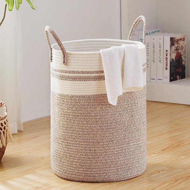 100L Extra Large Laundry Hamper Basket by Fiona's magic, 26.4Gal Tall Woven Laundry Basket Storage, Baby Nursery Hamper for Blankets, Clothes Hamper for Bedroom and Living Room Organizing, Brown & White