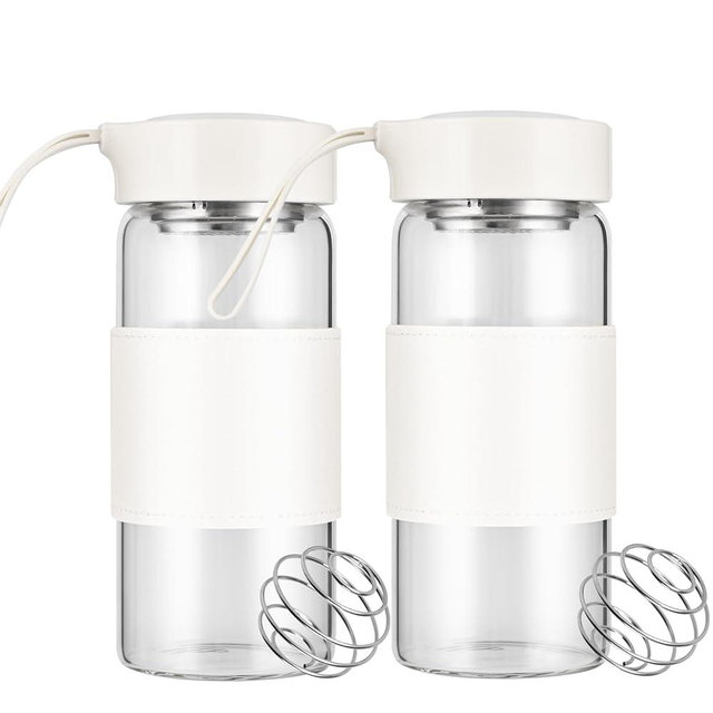 BNCWCQZ Small Glass Shaker Bottle, 2 Pack 16oz BPA Free Odorless Shaker Bottle with 304SS Mixing Ball and Removable Cleaning Brush for Fitness & Protein Shakes(White-2Pack)