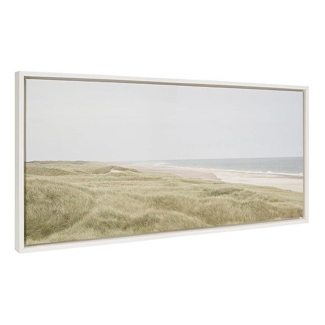 Kate and Laurel Sylvie Peaceful and Serene Coastal Landscape Framed Canvas Wall Art by The Creative Bunch Studio, 18x40 White, Natural Grassy Ocean Scene Art for Wall Decor