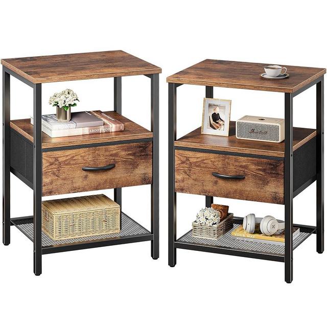 Huuger Nightstand Set of 2, Night Stand with Fabric Drawer, Mesh Shelf, Side Table with Storage, Fabric Drawer Dresser, Open Shelf, Metal Frame, Bedroom, Rustic Brown