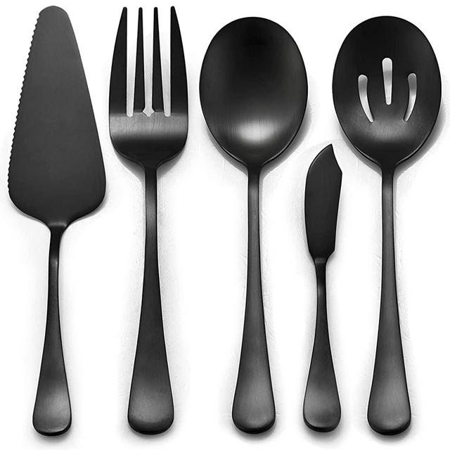 LIANYU 5-Piece Matte Black Serving Utensils Set, Stainless Steel Serving Set Include Serving Spoon Fork, Flatware Serving Pieces for Buffet Catering, Satin Finish, Dishwasher Safe