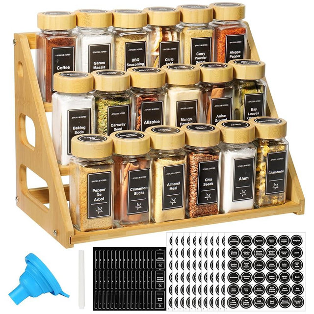 3 Tier Bamboo Spice Rack Organizer with 18 Spice Jars, 780 Labels, Wood Shelf, Chalk Marker and Funnel Set for Cabinet Kitchen Countertop, Empty 4 oz Glass Jars