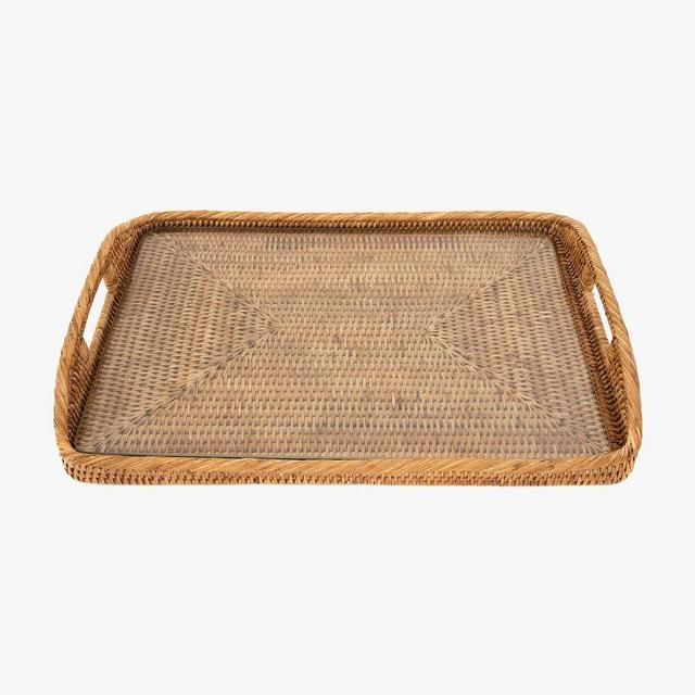 Tava Handwoven Rattan Rectangular Serving Tray With Glass Insert, Natural, 17"L X 12"W