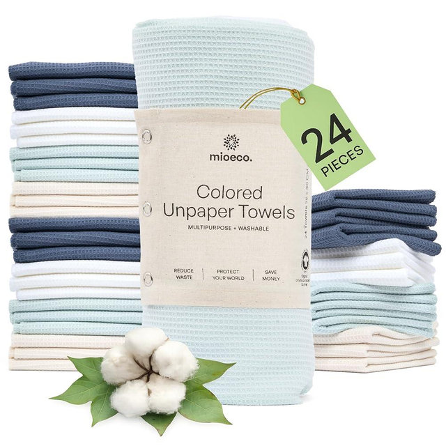mioeco 24 Pack Multicolored Reusable Paper Towels - Nature Friendly - Organic Cotton Alternative - Thick, Strong, Paperless Kitchen Dish Cloths - Reusable Napkins - Dish Towels - Cloth Napkin