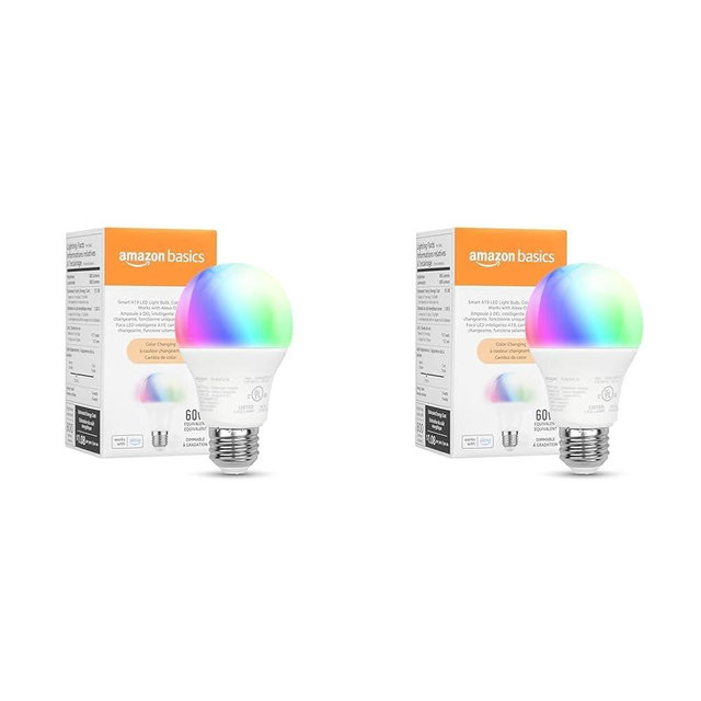 Amazon Basics Smart A19 LED Light Bulb, Color Changing, 9W (60W Equivalent), 800LM, Works with Alexa Only, WiFi 2.4 GHz, No Hub Required, Mood Lighting, Energy Efficient, 2-Pack