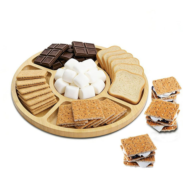 KORNIFUL Bamboo Serving Tray 2 Pack, Modern Round Wooden Platters for Food, Party, Smores, Breakfast, Decorative Tray for Living Room Kitchen Counter