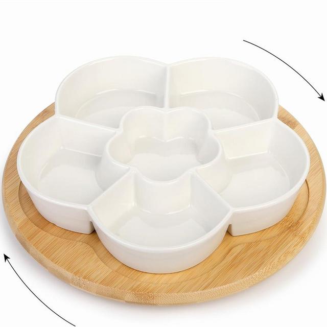 DEAYOU 11'' Lazy Susan Serving Tray, Porcelain Divided Platter with Silent Rotating Tray, Ceramic Appetizer Sectional Dish with Swivel Bamboo Tray for Chips and Dip, Nuts, Fruit, Veggie, Flower Shape
