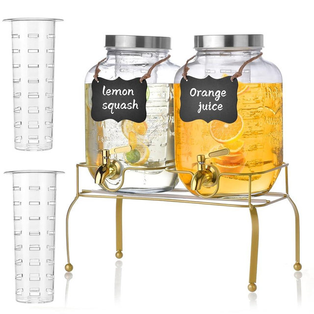 1 Gallon Glass Drink Dispenser Set of 2 – Drink Dispenser for Parties, Beverage Dispenser with Stand & 100% Leakproof Stainless Steel Spigot – Beverage Dispenser for Lemonade, Juice, Sangria, Iced Tea