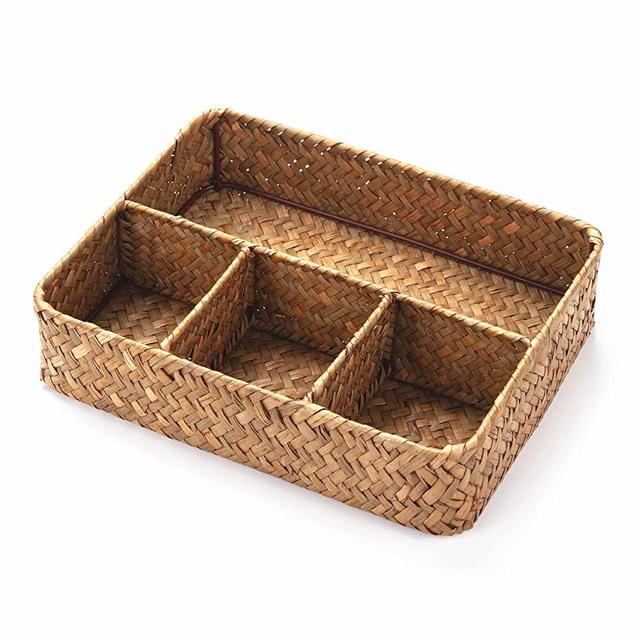Seagrass Storage Basket, Rattan Tea Bags Holder, Wicker Coffee Condiment/Sugar Packets Organizer, Woven Divided Basket Organizer for Shelf/Countertop