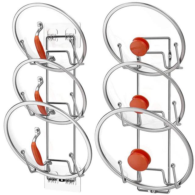 VZINO 2 Pack Pot Lid Organizer Rack for Cabinet Door/Wall, No Drilling Adhesive Wall/Door Mounted Pot and Pan Lid Holder, Plating Metal, Silver