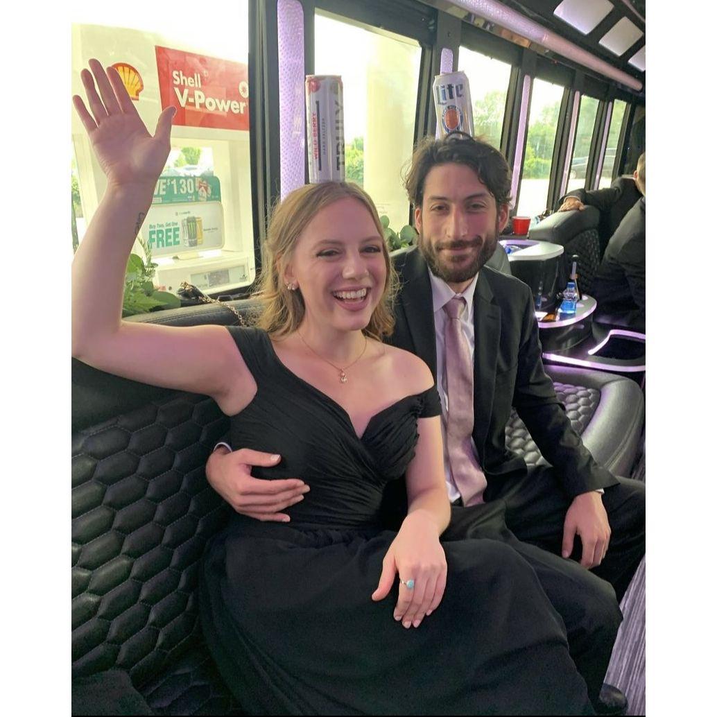 Marissa and Sam's wedding - July 24, 2021; showing off our skills on the party bus, where Layne spilled the beans to the happy couple about his plans to propose