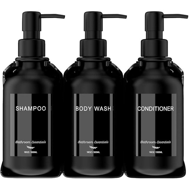 Modern Shampoo and Conditioner Dispenser - Shower Soap Dispenser Wall Mounted - 16 oz Set of 3 Plastic Black Bottles with Black Pumps - Stylish Shampoo Dispenser, Shower Dispenser 3 Chamber No Drill